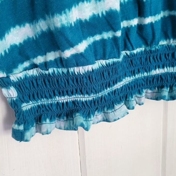 Lane Bryant Crew Neck Teal Stripe Elastic Bottom Tee - Picture 3 of 9